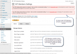 WP-Members installed settings